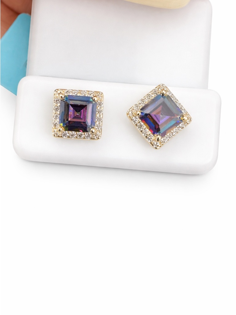 Sterling Silver Mystic Topaz Stud Earrings 2.72 CTTW 6MM Halo - Women Jewelry - Picture 3 of 7